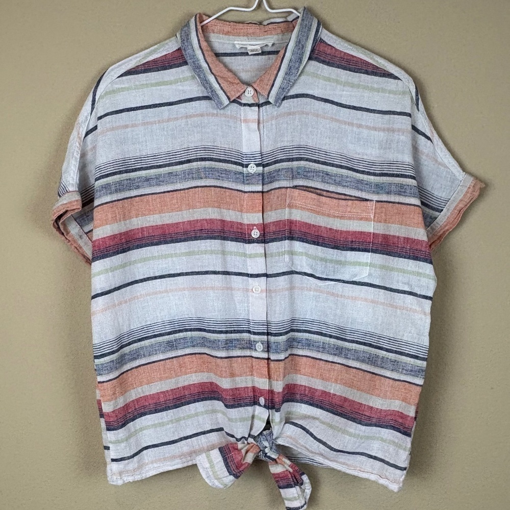 Beachlunchlounge Orange/Pink/Blue/White Striped Button Up Tie Front Shirt